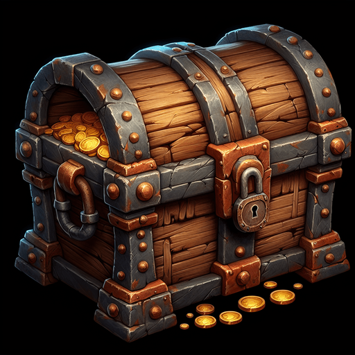 Treasure chest, like kept by the pirates with gold inside.
Single Game Texture. In-Game asset. 2d. Blank background. High contrast. No shadows.