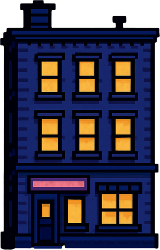 un edificio pixel art por la noche.
In-Game asset.  2d.  High contrast.  No shadows