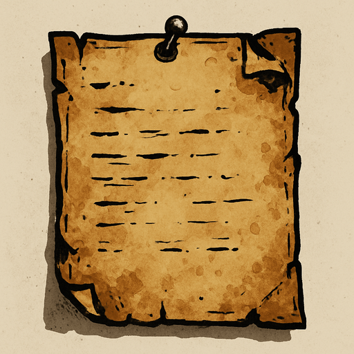 çivi ile duvara asılı hafif yıpranmış parşomen.
In-Game asset.  2d.  High contrast.  No shadows