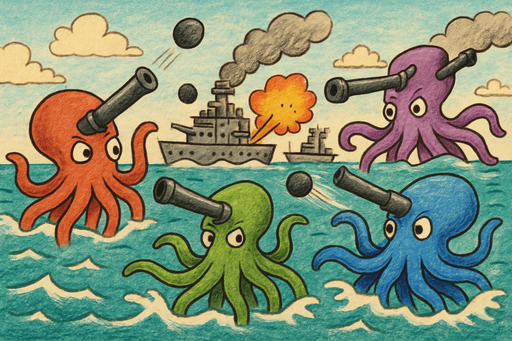 guerra de pulpos con cañones, que sean de diferentes colores los pulpos de diferentes, tipo dibujo contra buques de guerra