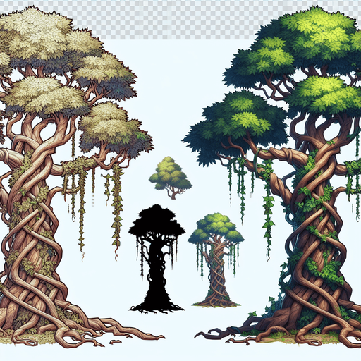 tree with vines.
In-Game asset.  2d.  Blank background.  High contrast.  No shadows