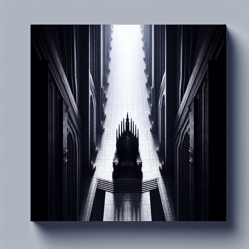 Background seen from above showing the long vertical black throne room hallway of the dark wizard king..
Single Game Texture. In-Game asset. 2d. Blank background. High contrast. No shadows.