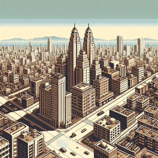 Retro cityscape, pixel art  1930s, sky view, aerial view
Single Game Texture. In-Game asset. 2d. Blank background. High contrast. No shadows.