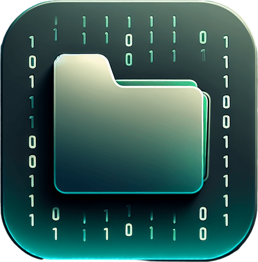 A square folder icon with rounded edges, designed to represent a storage app for binary files. The folder graphic in the center is smooth and minimalistic, featuring faint, glowing neon accents in matrix green to suggest a post-apocalyptic and tech-savvy theme. Subtle rows of binary digits ('0' and '1') are faintly integrated into the folder's surface, blending seamlessly with the design. The background is a clean gradient transitioning from dark grey to soft teal, evoking a sense of advanced technology and digital precision. The overall appearance is sleek, professional, and minimalistic, making it suitable as a 2D game asset with a blank, high-contrast background and no shadows.