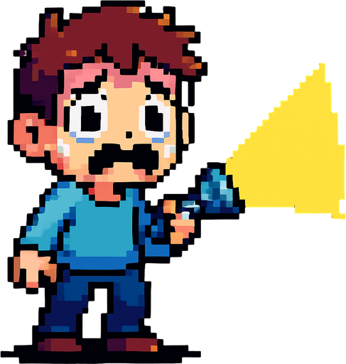 a scared pixel art kid with a flashlight.
In-Game asset.  High contrast.  No shadows
