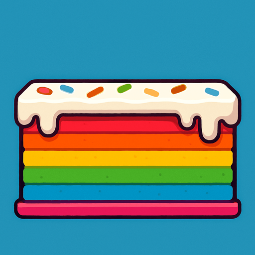 lateral view of a flat rainbow cake in rectangular platform shape for a platformer game.
In-Game asset.  2d.  High contrast.  No shadows