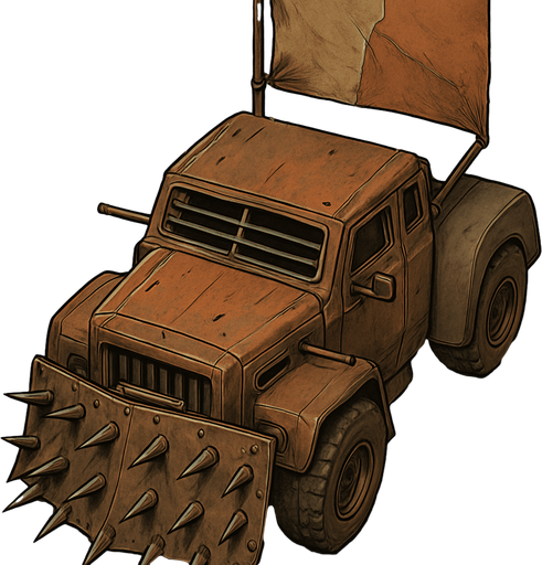 It will be in the style of a Mad Max truck and will have a top view. There will be a thorn plate in the front and the back will be smoother.