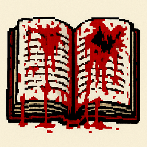 an open book with blood, terrifying pixel art.
In-Game asset.  2d.  High contrast.  No shadows
