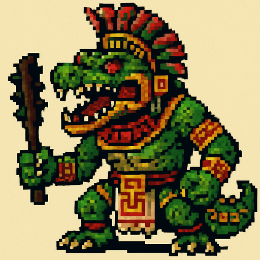 Genérame una Caiman llanero guerrero azteca con eso patrones, estilo pixelar, con una apariencia maligna, ojos rojos, rabioso. Unidad cuerpo a cuerpo. Animal.
In-Game asset.  2d.  High contrast.  No shadows