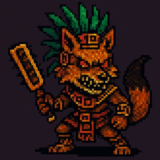 Genérame una Zorro Cangrejero guerrero azteca con eso patrones, estilo pixelar, con una apariencia maligna, ojos rojos, rabioso. Unidad cuerpo a cuerpo. Animal.
In-Game asset.  2d.  High contrast.  No shadows