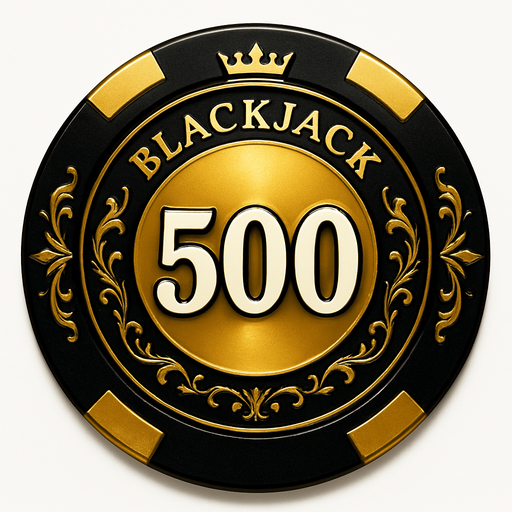 Crea un asset para una ficha de casino de $500 para Blackjack.
Color Principal: Un color muy distintivo y premium, como un dorado sólido y brillante, un plateado metálico o un negro azabache con un brillo iridiscente.
Borde/Detalles: Un borde más grueso y prominente en un color que contraste fuertemente (ej., negro sobre dorado, dorado sobre negro), y quizás un patrón de filigrana más elaborado o un diseño de corona/estrella discreto.
Valor: El número '500' grande y claro en el centro, en un color que destaque (ej., blanco, negro, o un color metálico si el fondo es oscuro), con una tipografía de casino audaz y elegante.
Estilo: Extremadamente lujoso y premium, debe ser la ficha más impresionante visualmente, coherente con 'La Tentación Dorada'.
Efectos: Un brillo intenso o reflejos que sugieran un material de altísima calidad.
Fondo: Transparente (solo la ficha)." que el texto de blackjack este aarriba.
In-Game asset.  2d.  High contrast.  No shadows
