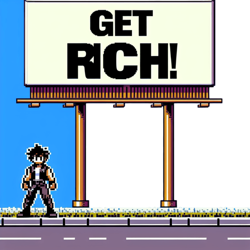 street ad billboard with 1 or 2 posts with "Get rich!" on it.
high definition video game sprite