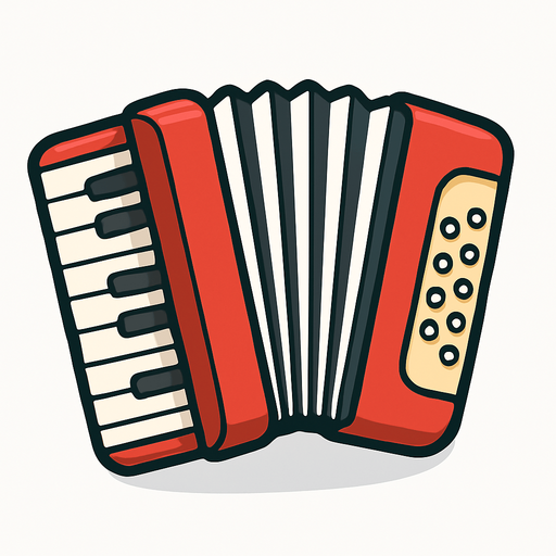 A clean, colorful 2D illustration of a traditional accordion, designed in cartoon or flat vector style. The accordion should have red-and-white or black-and-white bellows, visible keys and buttons, and rounded edges. Add a soft shadow and outline to make it pop against any background. Export as a transparent PNG (no background), suitable for use as a game asset in a mobile quiz game. Size should be square-friendly and visually clear even at small sizes..
In-Game asset.  2d.  High contrast.  No shadows