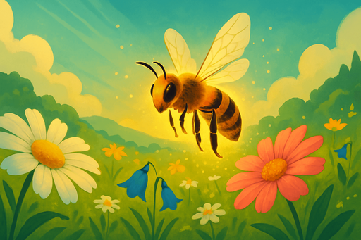 Fullscreen modern App Store landscape banner, 16:9, high definition, for a game titled "L’Abeille Messagère" and with the description "Devenez une abeille, semez la lumière en pollinisant les fleurs, évitez les dangers, et sauvez la nature en redonnant vie au champ.". No text on banner!