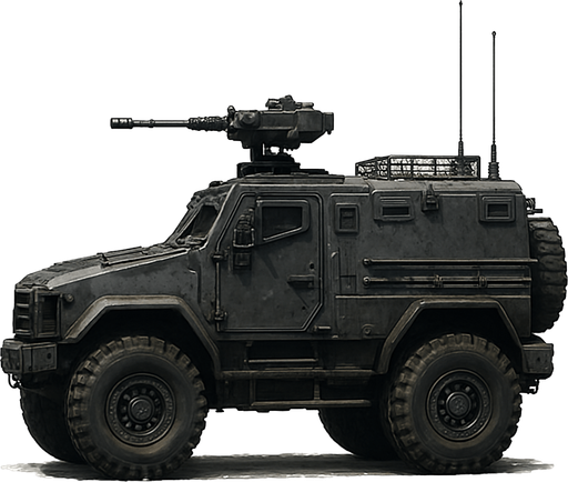 Zırhlı savaş arabası, gerçekçi, yazısız, yandan görümüm.
In-Game asset.  High contrast.  No shadows