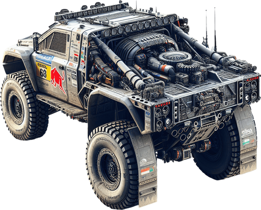 Photorealistic Dakar-Rally-Truck from back, Top view.