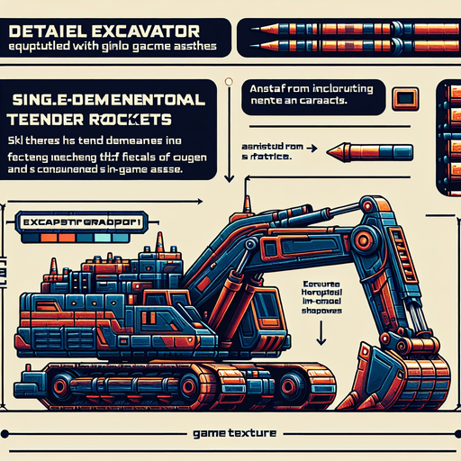 Excavator with 2d tender rockets.
Single Game Texture.  In-Game asset.  2d.  Blank background.  High contrast.  No shadows