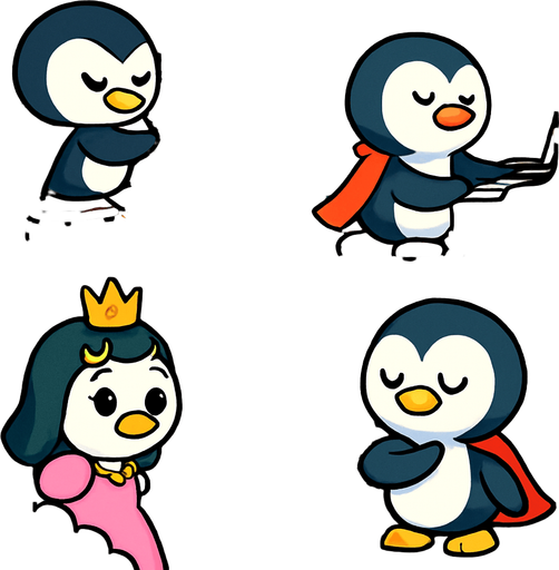 4-panel comic strip, no text, cute cartoon style, bright colors, black outlines.
Characters: Penguin Hero (small, determined) + Penguin Princess (elegant, crown) + Village Penguins
Central Theme: Music connects hearts, piano mastery wins love. Story: Hero finds his true musical voice and inner strength

Panel 1: Hero alone with piano, plays from his heart instead of trying to impress
Panel 2: Beautiful, unique music flows from him, notes shimmer with emotion
Panel 3: Princess secretly listens from distance, moved by his genuine music
Panel 4: Hero realizes music should come from the heart, not ego. 
In-Game asset.  2d.  High contrast.  No shadows