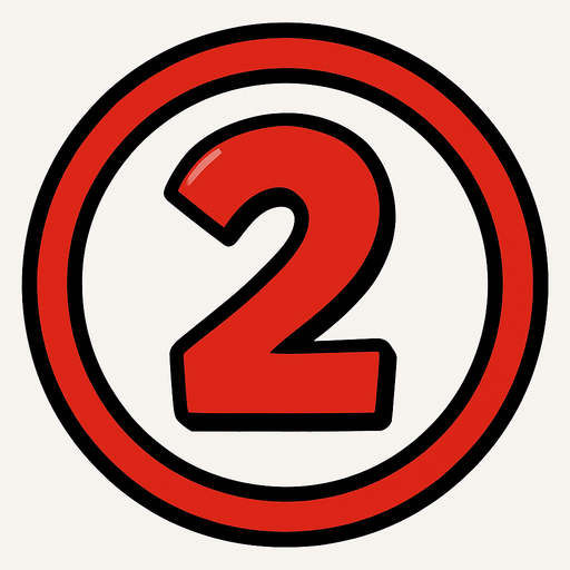 Numero 2 de color rojo dentro de un circulo blanco..
In-Game asset.  2d.  High contrast.  No shadows. Cartoon 2D