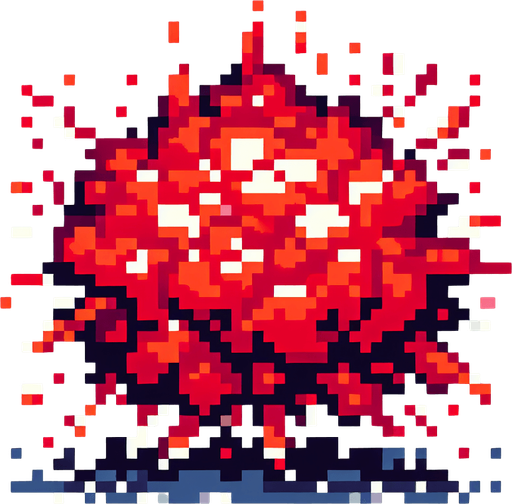 pixelated red explosion. 8 bit..
Single Game Texture. In-Game asset. 2d. Blank background. High contrast. No shadows.