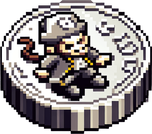 isometric silver coin with a pirate monkey face. pirate themed. pixelated. 8 bit. viewed from the top as if the coin is resting flat..
Single Game Texture. In-Game asset. 2d. Blank background. High contrast. No shadows.