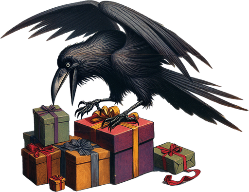 a pergament with a raven stealing a christmas present on the top. At the bottom is the text: "Not only are ravens happy to receive gifts and are appeased by them, they also like to give the gift back... with deadly intent."