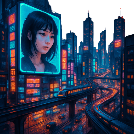 Cyberpunk city. have digital screens and digital girl have black hair talking on it. towers. from above. cars on roads. Trains roads. HD colors.