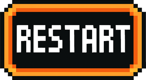 restart button, orange outline, white text, pixel art..
In-Game asset.  2d.  High contrast.  No shadows