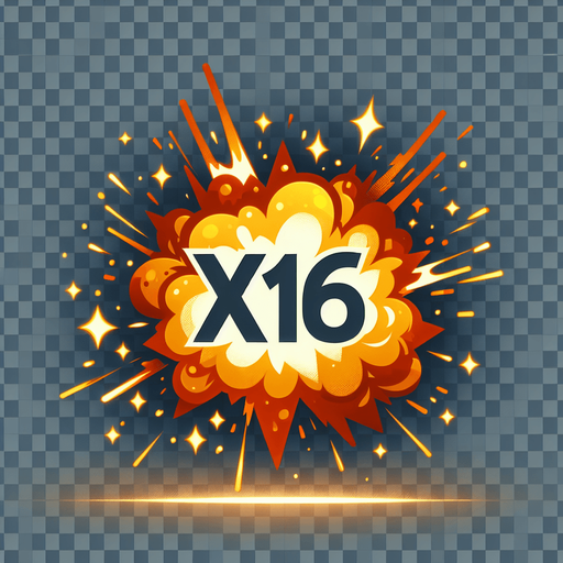 爆炸，里面有X16的字样，和前面几个图片样式一样.
Single Game Texture. In-Game asset. 2d. Blank background. High contrast. No shadows.