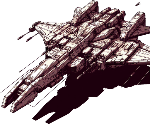 an enemy spaceship equipped with weapons.
Single Game Texture.  In-Game asset.  2d.  Blank background.  High contrast.  No shadows