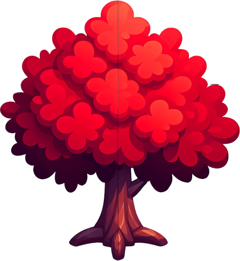 Red tree.
Single Game Texture.  In-Game asset.  2d.  Blank background.  High contrast.  No shadows
