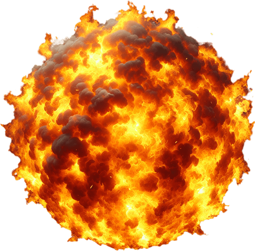 A fiery explosion.
Single Game Texture. In-Game asset. 2d. Blank background. High contrast. No shadows.