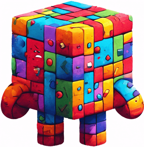A little cube person. 2 legs. back to viewer. facing 45 degrees to the right. multicoloured skin, cartoon style.  Holding a big arrow point at 45 degress up