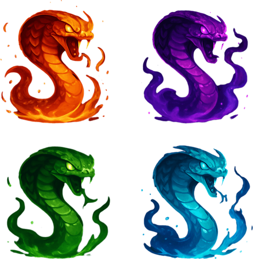 Serpent enemies assets with particles. HD colors. magical images.
In-Game asset.  2d.  High contrast.  No shadows