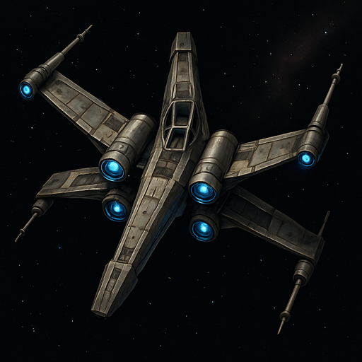 A detailed top-down view of a futuristic sci-fi starfighter inspired by classic space opera aesthetics. The ship has an X-shaped wing configuration with sleek, metallic surfaces, engine nacelles on each wingtip, and a compact central cockpit. The design features weathered textures, battle scars, and glowing blue thrusters. The wings are equipped with small laser cannons at the ends. The background is deep space with stars and a distant nebula. The ship appears to be flying or hovering, with subtle lighting and shadows to enhance depth. Highly detailed, concept art style, 4K resolution. Original and copyright-safe, inspired by retro starfighter designs..
In-Game asset.  2d.  High contrast.  No shadows