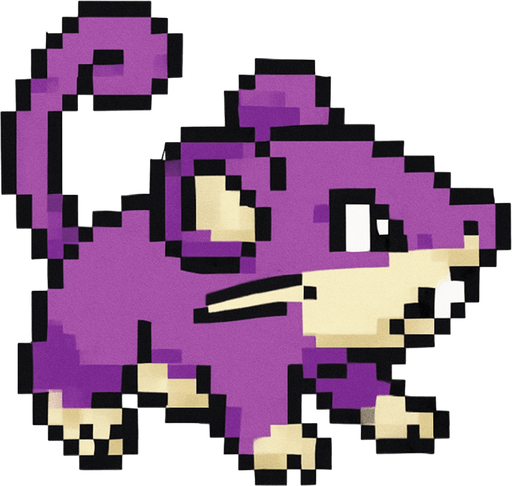 Rattata, visto desde arriba, viendo a la derecha.
In-Game asset.  2d.  High contrast.  No shadows