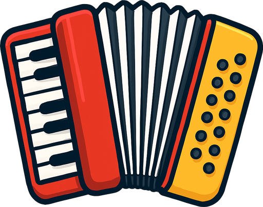 A clean, colorful 2D illustration of a traditional accordion, designed in cartoon or flat vector style. The accordion should have red-and-white or black-and-white bellows, visible keys and buttons, and rounded edges. Add a soft shadow and outline to make it pop against any background. Export as a transparent PNG (no background), suitable for use as a game asset in a mobile quiz game. Size should be square-friendly and visually clear even at small sizes..
In-Game asset.  2d.  High contrast.  No shadows