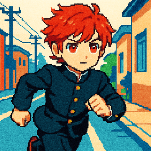 A cute 15-year-old red-haired boy with intense red eyes, wearing a traditional Japanese school uniform (gakuran). He's running down the street with a serious and confident expression. Despite his determined look, his appearance remains sweet and endearing. His gaze is focused straight ahead, with the wind gently lifting his hair and school jacket. The scene is illustrated in Pixel Art style..
In-Game asset.  2d.  High contrast.  No shadows