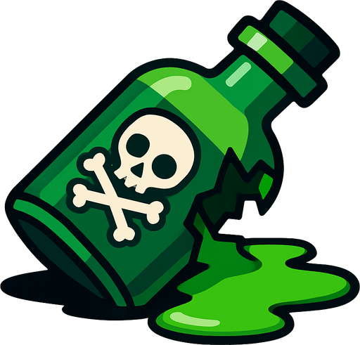 Bana yeşil kırılmış bir zehir şişesi çiz zehir yere akmış.
In-Game asset.  2d.  High contrast.  No shadows