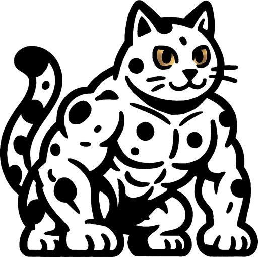 kaslı ve beyaz ama üstünde siyah benekelri olan tatlı bir kedi.
In-Game asset.  2d.  High contrast.  No shadows