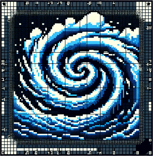 water whirlwind. bird-eye view. pixelated. 8 bit.
Single Game Texture. In-Game asset. 2d. Blank background. High contrast. No shadows.