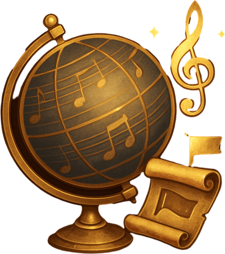 Design an icon for a Language selection button in a fantasy tower defense game set in a magical concert hall. The icon should combine a classic globe symbol with musical or magical elements to reflect the game's unique theme.

Main symbol: a stylized globe with subtle music note engravings on the surface or longitude/latitude lines formed from staff lines (like a musical sheet).
Optional elements: a floating treble clef, sparkles, or an open scroll representing language or translation.

Use elegant gold, bronze, or blue tones, with a soft magical glow.
The background should be subtle—velvet, dark wood, or parchment-like texture.

Icon must be square (256×256 px), readable at small sizes, and must not include text.
Optional: provide a state where a small flag symbol or dropdown arrow appears to suggest language selection.

Style: refined, orchestral fantasy UI—fitting the atmosphere of a haunted concert hall with magical elegance..
In-Game asset.  2d.  High contrast.  No shadows