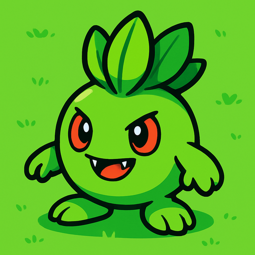 Um monstrinho do tipo grama inspirado em Pokémon e Digimon e planta vs zombie.
In-Game asset.  2d.  High contrast.  No shadows