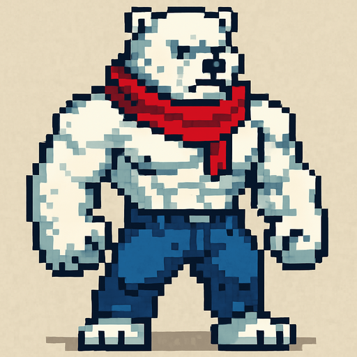 Oso polar furry fuerte con bufanda y pantalones largos y sin camisa, pixeleado.
In-Game asset.  2d.  High contrast.  No shadows