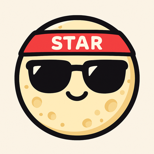 una luna redondita kawai con lentes de sol, en su frente lleva una sinta que dice STAR.
In-Game asset.  2d.  High contrast.  No shadows
