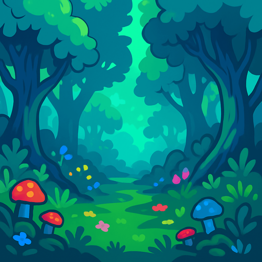 Fond d'écran forêt enchantée.
In-Game asset.  2d.  High contrast.  No shadows