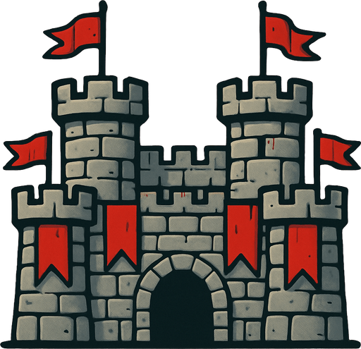 Taştan ve dört tane kulesi olan kırmızı bayraklar asılı kale.
In-Game asset.  2d.  High contrast.  No shadows