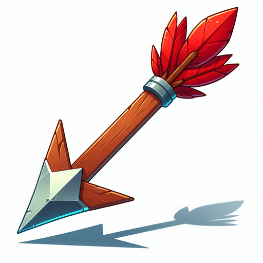 a wooden arrow with red feathers and a metal arrow head. Completely vertical orientation. Cartoon.
Single Game Texture.  In-Game asset.  2d.  Blank background.  High contrast.  No shadows
