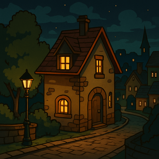 Create a detailed visual description or conceptual overview of a town at nighttime, featuring a house with a light on. The style should emulate the aesthetic and atmosphere typical of the Professor Layton game series, characterized by a charming, slightly whimsical, and puzzle-adventure ambiance with warm, inviting lighting and intricate, storybook-like details.

# Steps

1. Begin by envisioning a quaint town at night, with subdued lighting and a peaceful, mysterious aura.
2. Highlight a single house with a light on in a window, symbolizing activity or a story element.
3. Incorporate elements characteristic of the Professor Layton style: warm color palettes, soft glows, gently stylized architecture, and intricate details reminiscent of handcrafted illustrations.
4. Emphasize atmosphere — combine tranquility with a hint of intrigue suitable for an adventure puzzle setting.
5. Optionally, include natural elements like trees or lampposts that match the game's stylistic choices..
In-Game asset.  2d.  High contrast.  No shadows