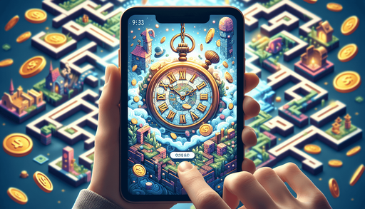Fullscreen, high definition, light, blur, small time watch, colors, wood, for a game titled "Maze" and with the description "Navigate ever-changing mazes! Each level with different background, coins, time speed. Can you finish collecting coins before time is up? Challenge your skills in Maze!". with text on banner "MAZE"!